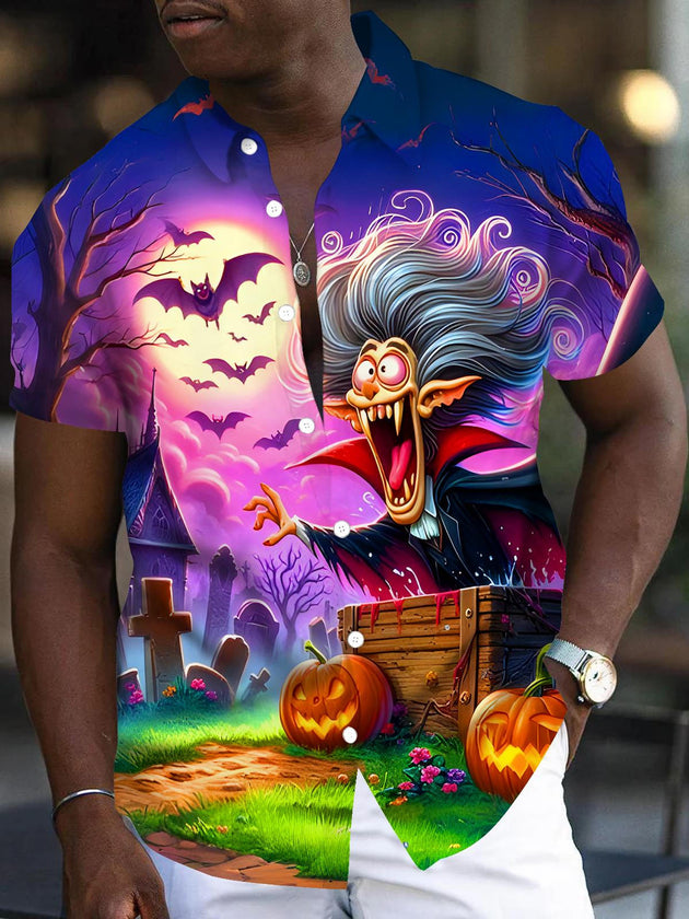 Men's funny ghost pumpkin bat print short sleeve shirt front view Halloween costume