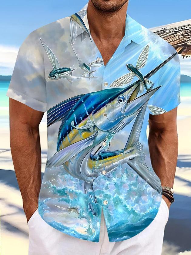 men's Hawaiian shirt front view tropical beach vacation