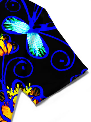 Men's Hawaiian floral short sleeve shirt close-up detail view