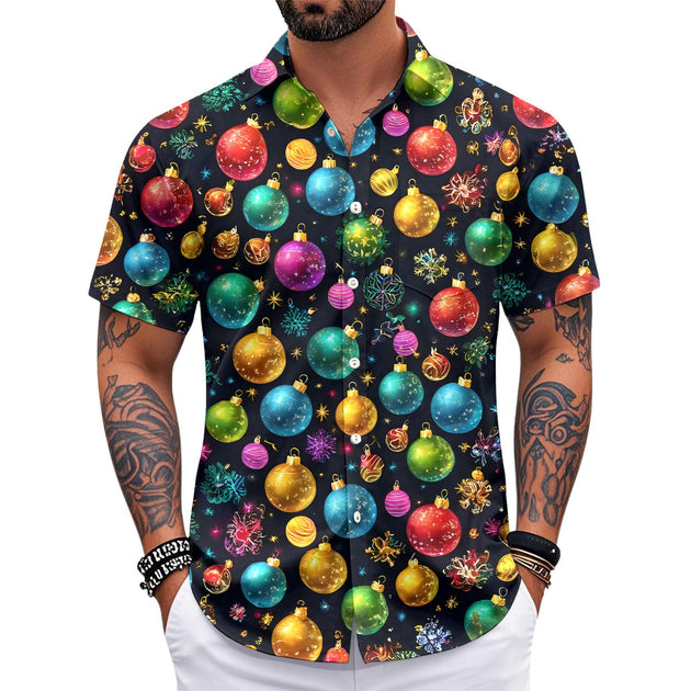Adaychic Christmas Hawaiian Shirts for Men Christmas Ball Funny Fashion Holiday Shirt Loose Fit Casual Clothes for Daily Wear beautifully