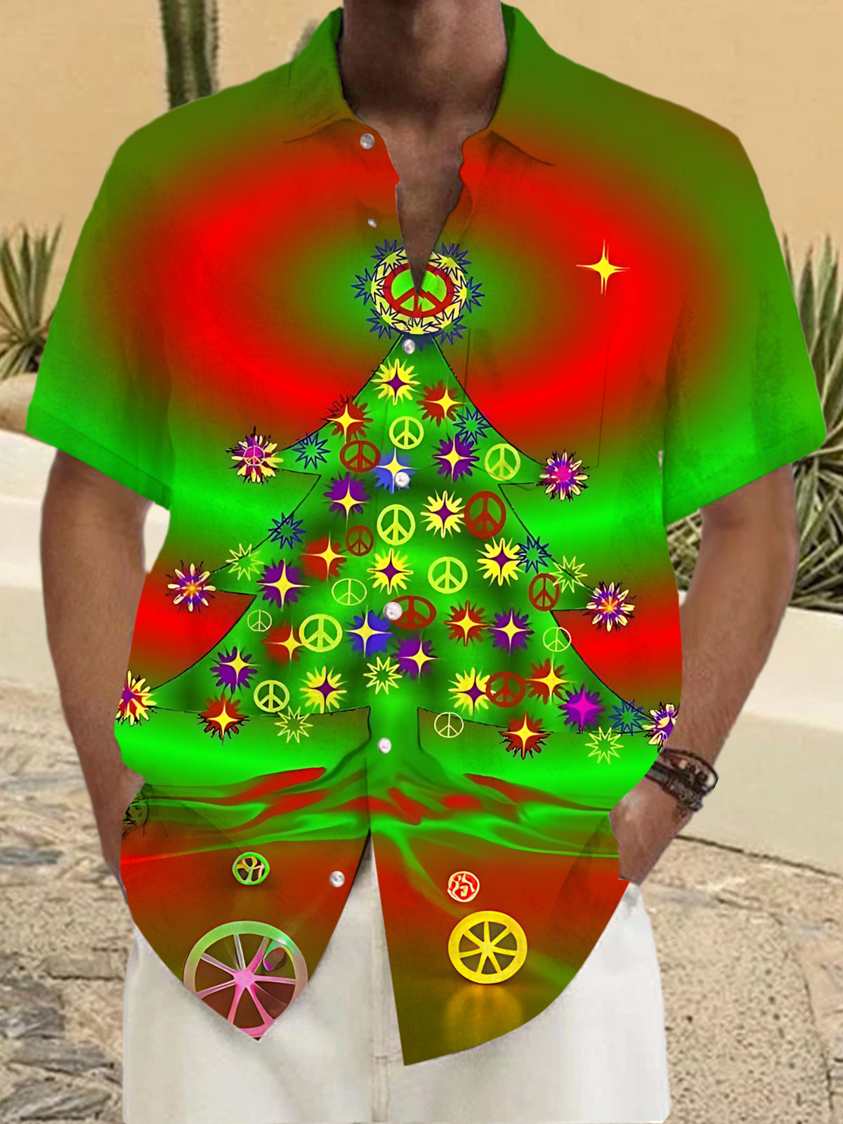 Christmas Tree Print Men's Pocket Short Sleeve Shirts