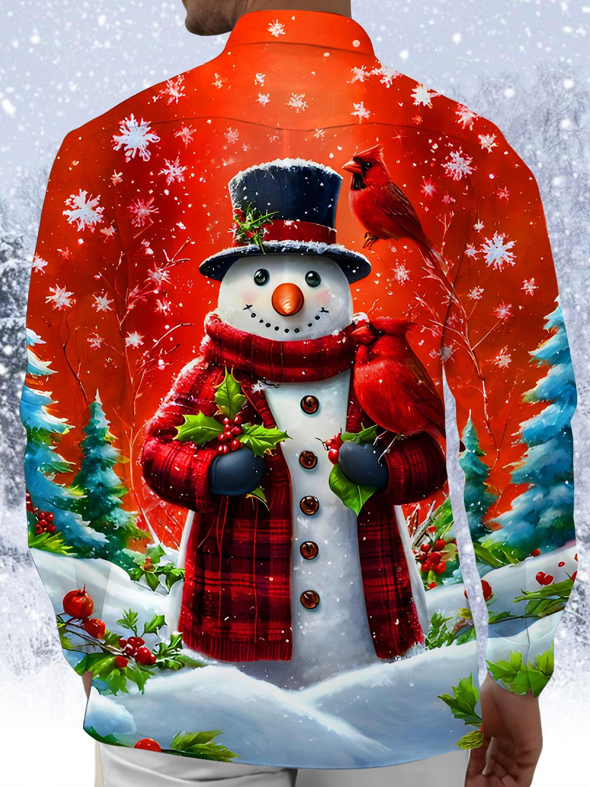 Funny Snowman Bird Snowflakes Men's Pocket Long Sleeve Shirts
