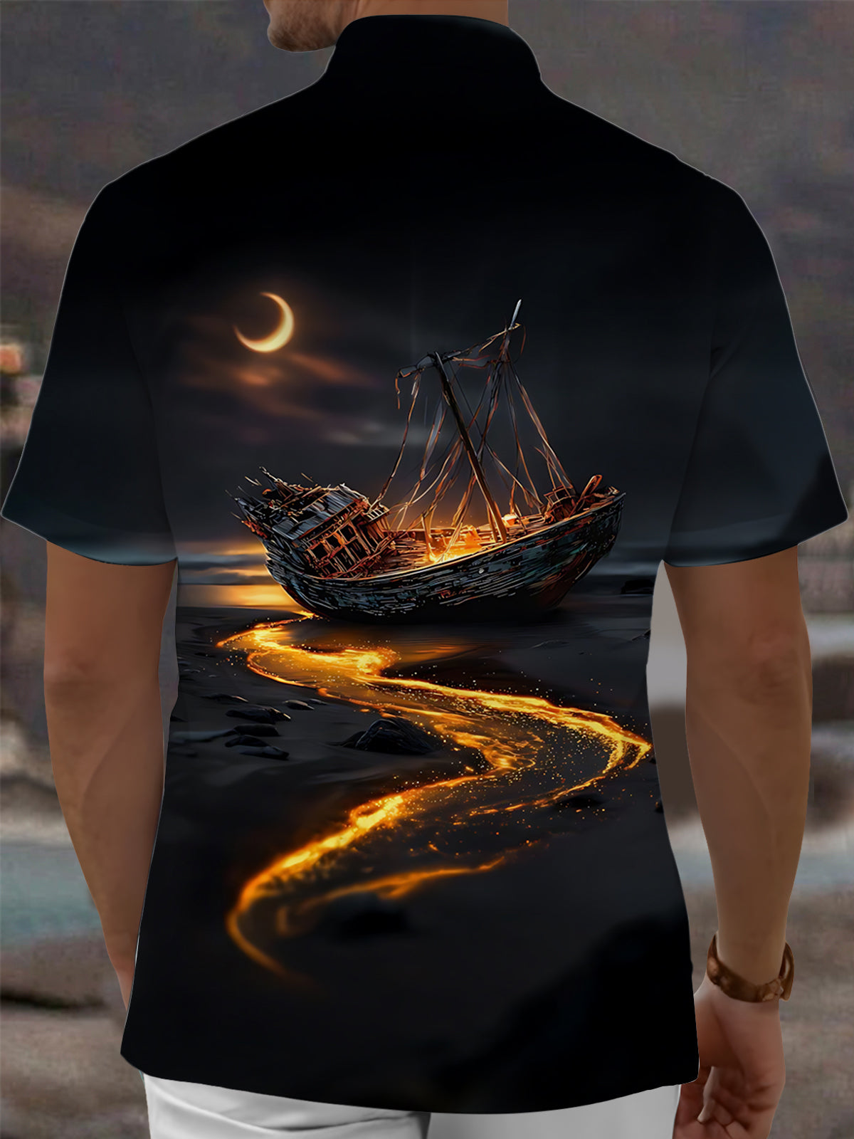 Ship Moon Print Men's Pocket Short Sleeve Shirts