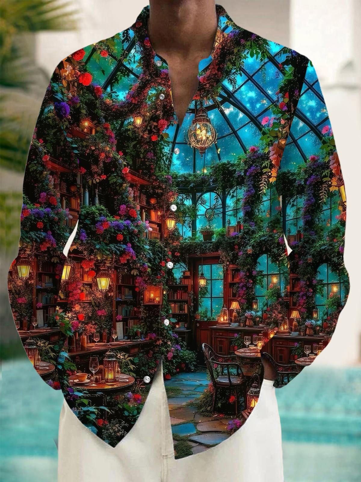 Floral Print Men's Pocket Long Sleeve Shirts