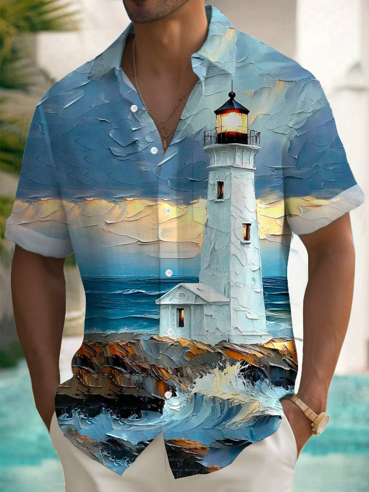 Lighthouse Print Men's Pocket Short Sleeve Shirts