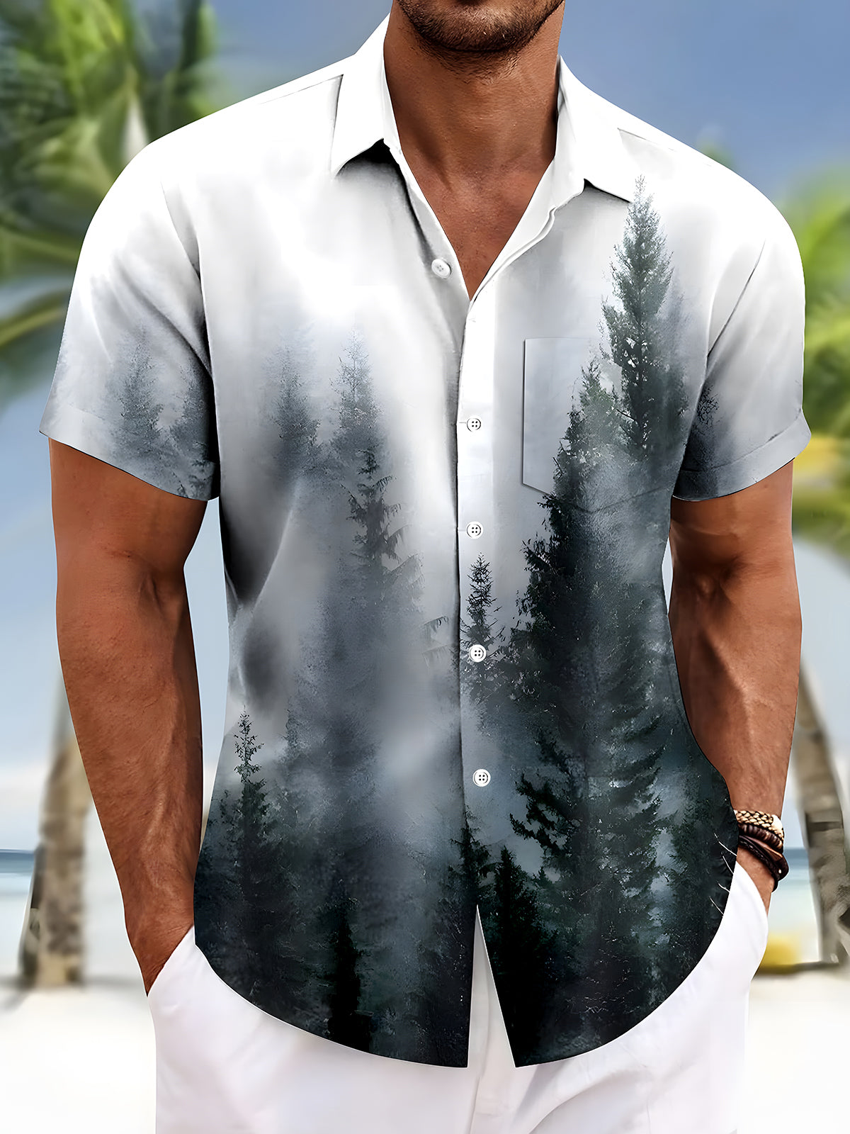 Forest Trees Men's Pocket Short Sleeve Shirts