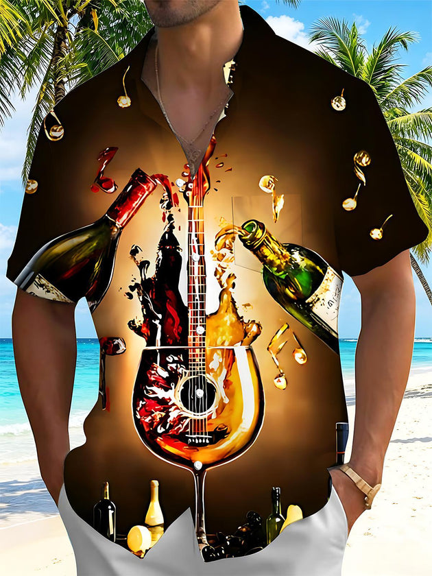 Vintage Wine Guitar Music Party Men's Pocket Short Sleeve Shirts