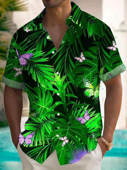 Men's Hawaiian botanical butterfly print short sleeve shirt front view for tropical beach vacation