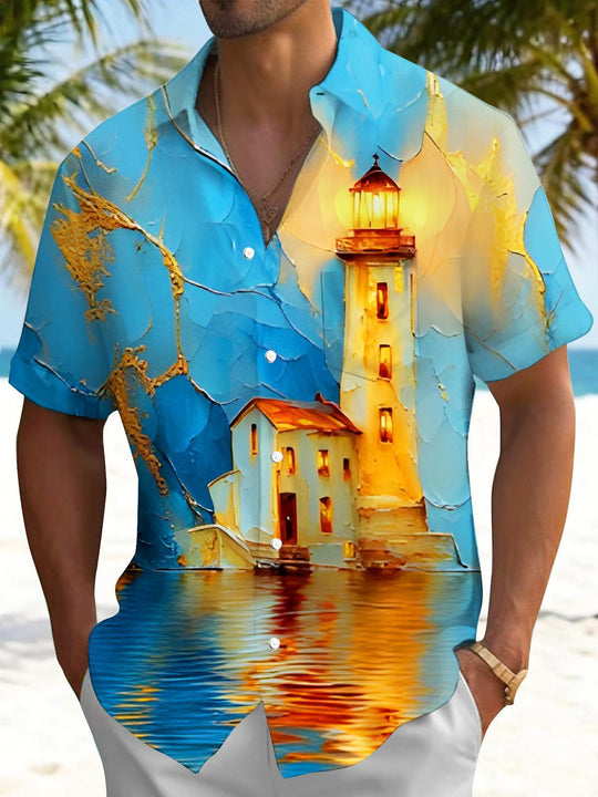 Men's blue art lighthouse mountain short sleeve shirt front view