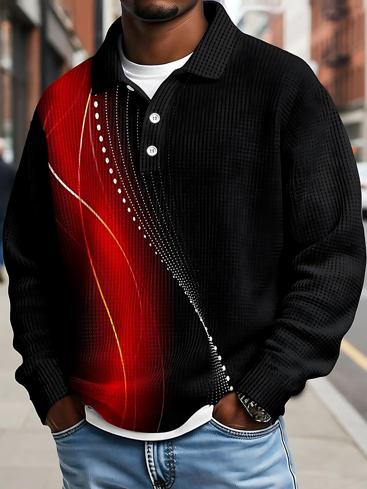 Abstract Geometric Print Men's Waffle Long Sleeve Button Polo