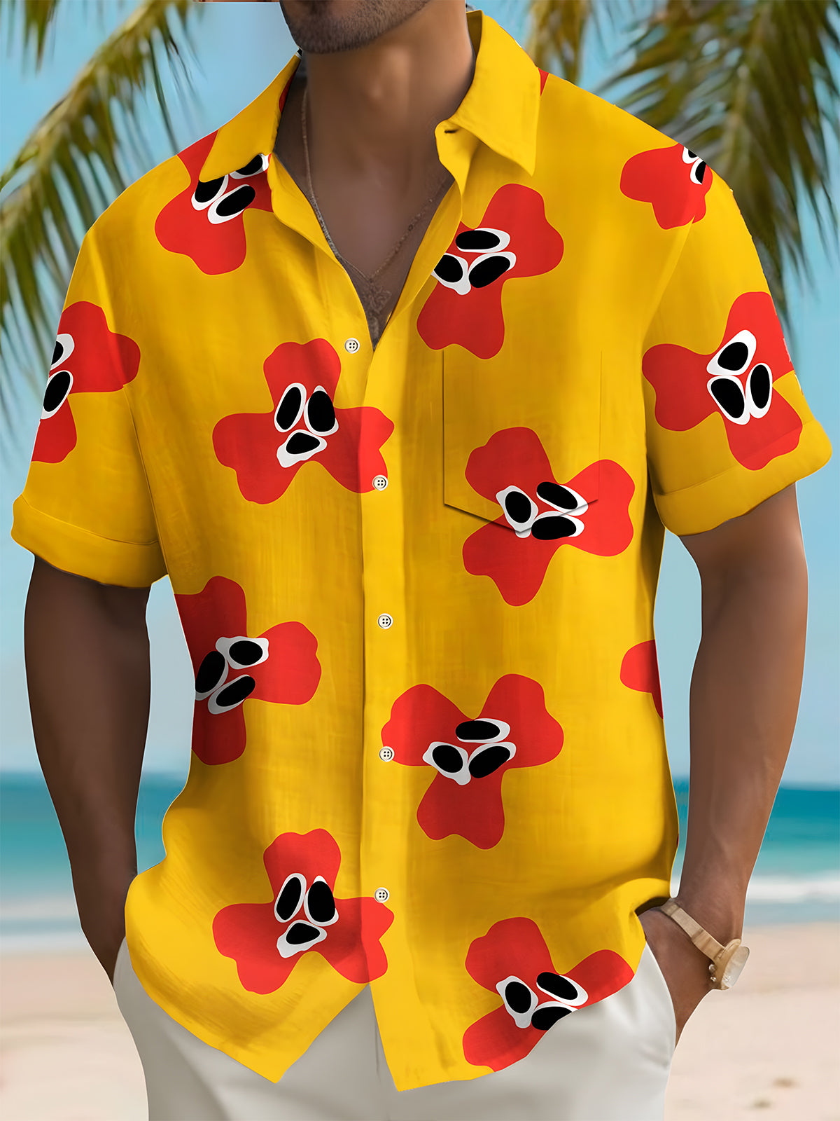 Hawaiian Floral Print Men's Pocket Short Sleeve Shirts