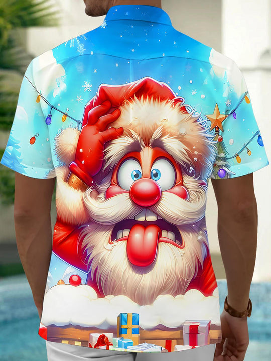 Men's red funny Santa Claus print pocket short sleeve shirt back view