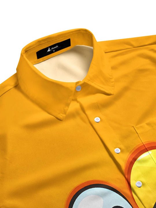 Men's casual short sleeve shirt with side view showing relaxed fit and printed pattern