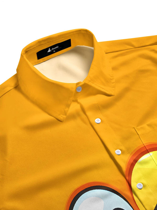 Men's casual short sleeve shirt with side view showing relaxed fit and printed pattern