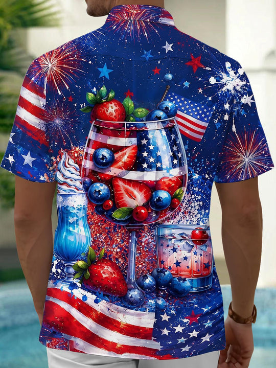 Independence Day Cocktail Fireworks Men's Pocket Short Sleeve Shirts