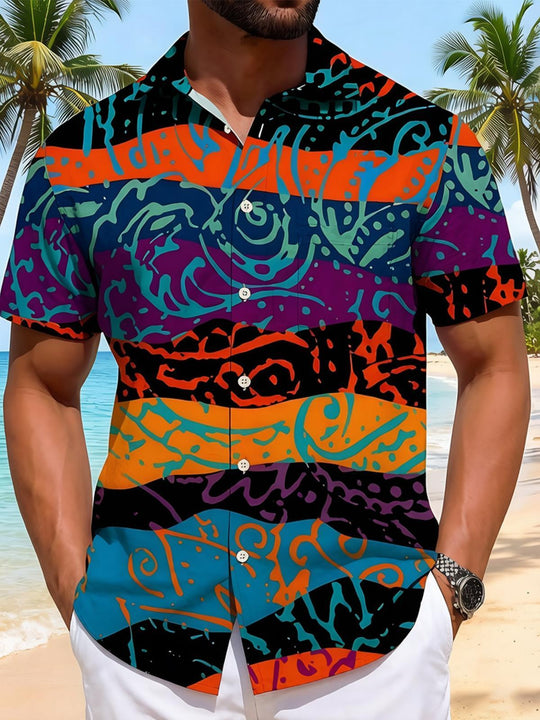 Color Block Abstract Graffiti Stripe Geometry Men's Pocket Short Sleeve Shirts