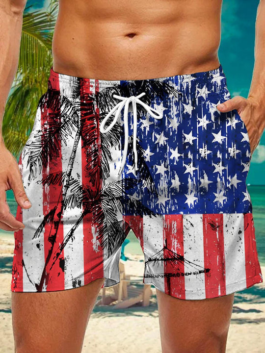 Men's American flag print coconut tree casual shorts front view for Independence Day