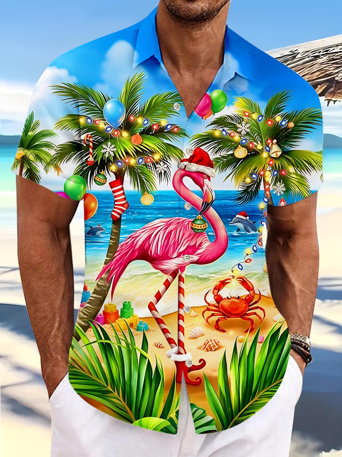 Hawaiian Summer Christmas Flamingo Beach Men's Pocket Short Sleeve Shirts
