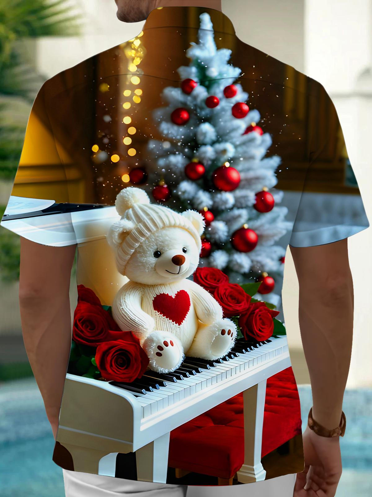 Christmas Tree Plush Bear Rose Piano Men's Pocket Short Sleeve Shirts