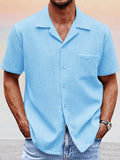 Blue Men's Cuban Collar Short Sleeve Shirt With Pocket