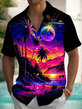 Coconut Tree Moon Print Men's Pocket Short Sleeve Shirts