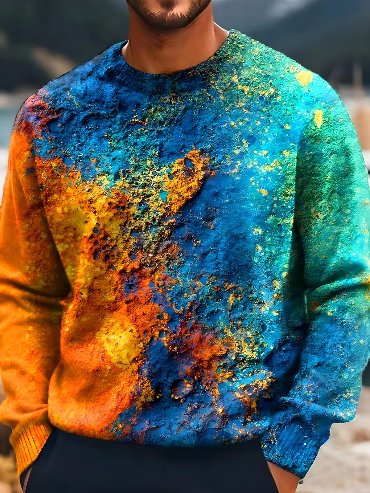 Tie Dye Men's Long Sleeve Round Neck Tops