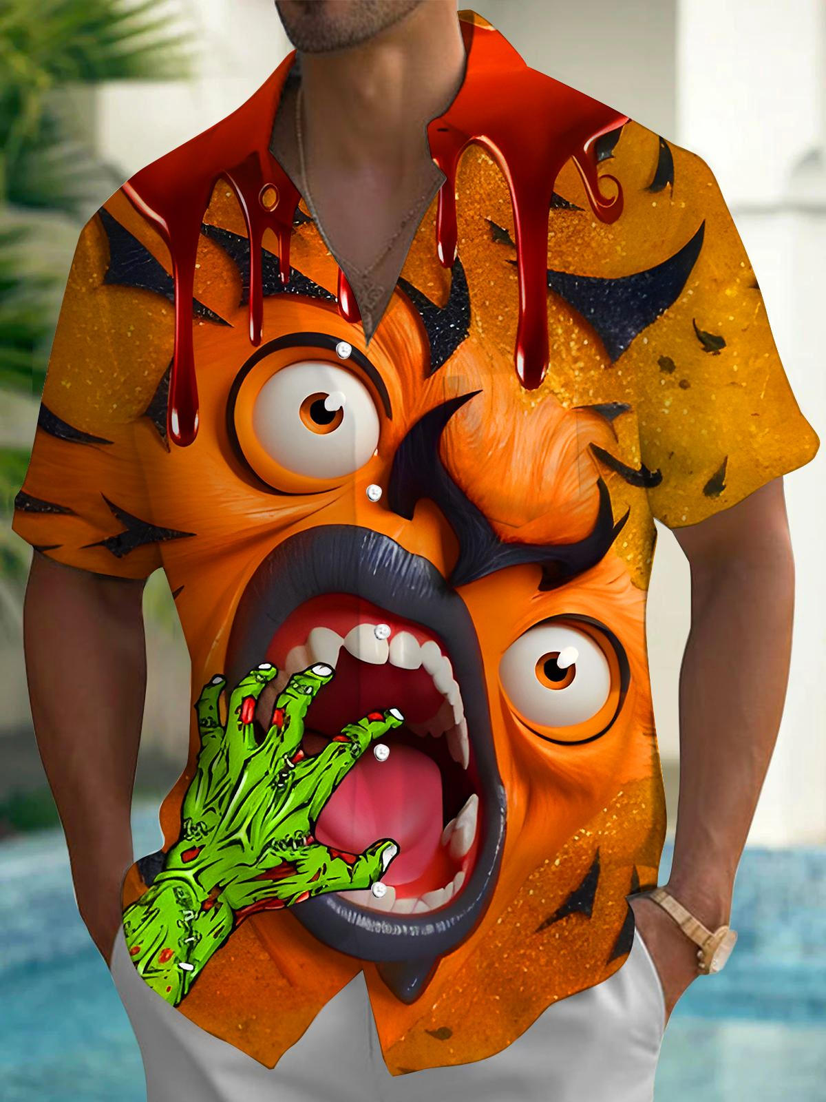 Funny Halloween Screaming Monster Bat Men's Pocket Short Sleeve Shirts