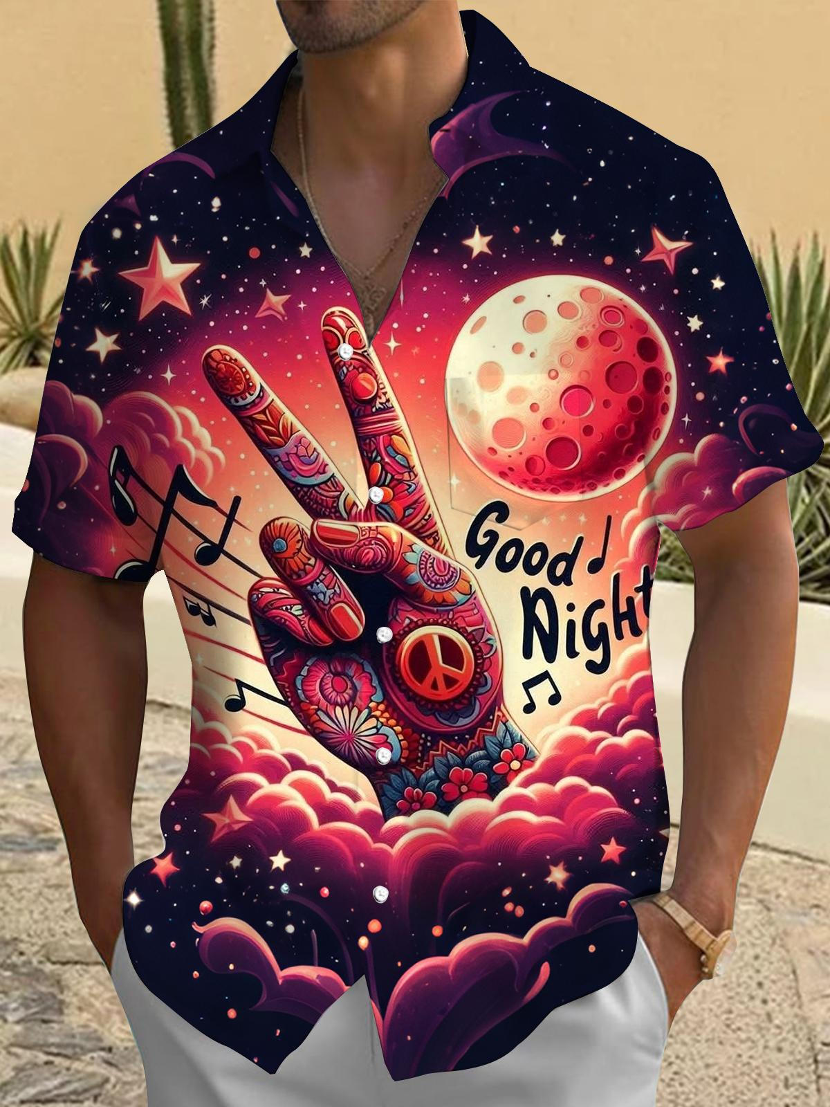 Peace Sign Good Night Print Men's Pocket Short Sleeve Shirts