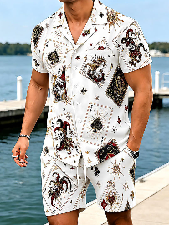 Retro Skull Poker Men's Short Sleeve Cuban Collar Pocket Shirts And Shorts Set