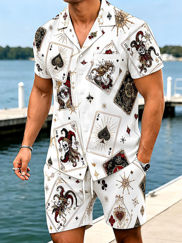 Retro Skull Poker Men's Short Sleeve Cuban Collar Pocket Shirts And Shorts Set