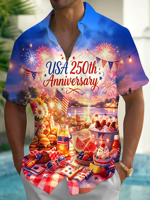 USA 250Th Anniversary Picnic Fireworks Independence Day Men's Pocket Short Sleeve Shirts