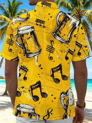 Men's Hawaiian music print pocket short sleeve shirt back view