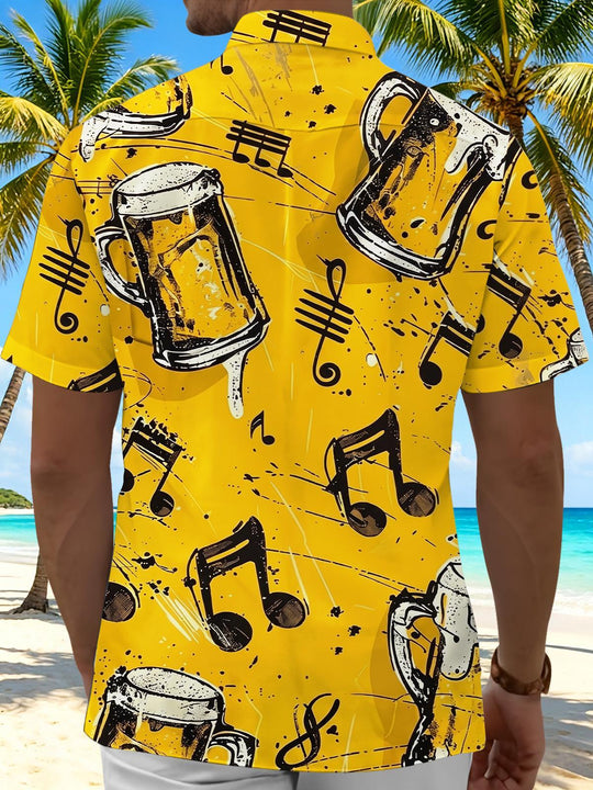Men's Hawaiian music print pocket short sleeve shirt back view