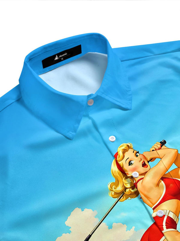 Retro Golf Girl Funny Men's Pocket Short Sleeve Shirts