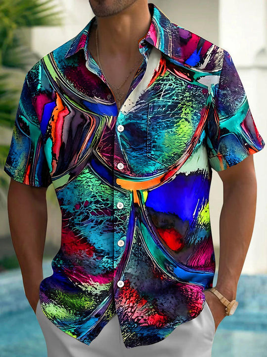 Colorful Abstract Fluid Oil Painting Art Gradient Men's Pocket Short Sleeve Shirts