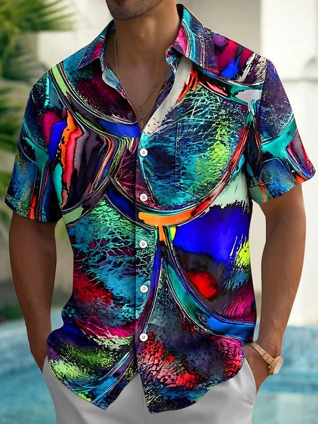 Colorful Abstract Fluid Oil Painting Art Gradient Men's Pocket Short Sleeve Shirts