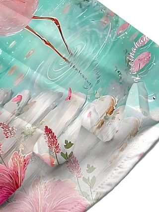 Men's flamingo plant print pocket short sleeve shirt in a casual outdoor lifestyle scene