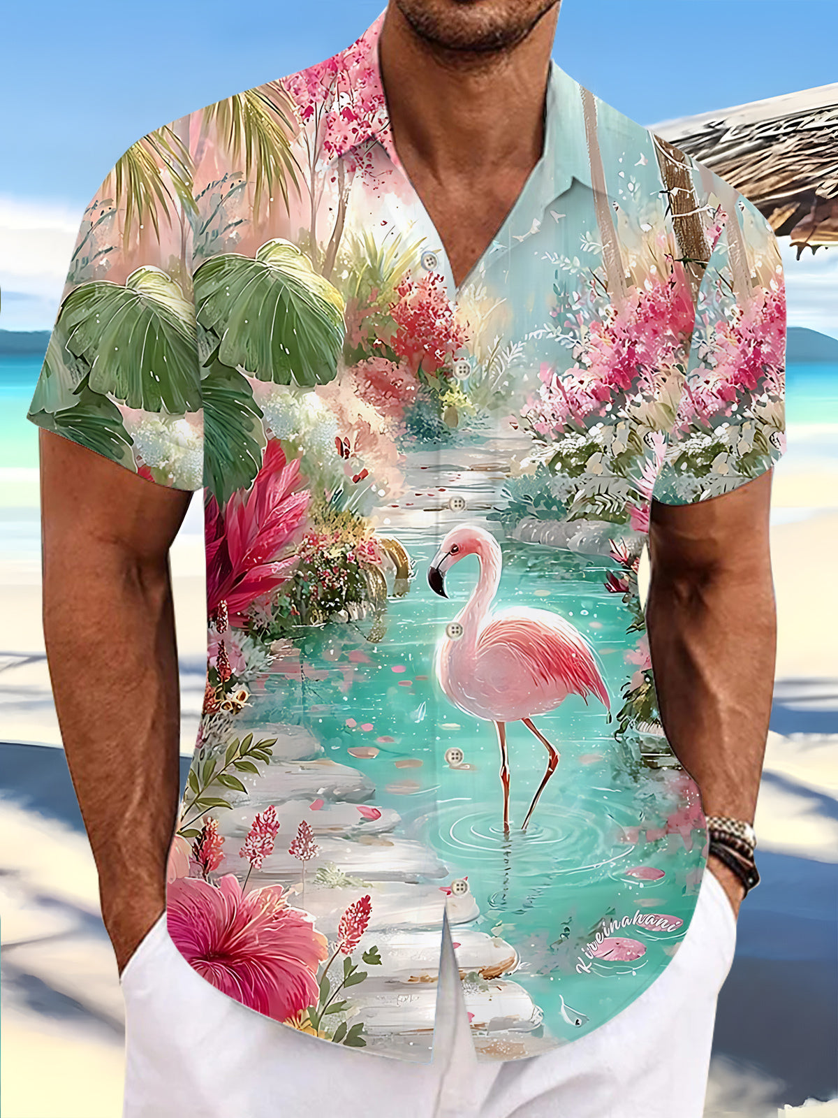 Flamingo Plant Print Men's Pocket Short Sleeve Shirts