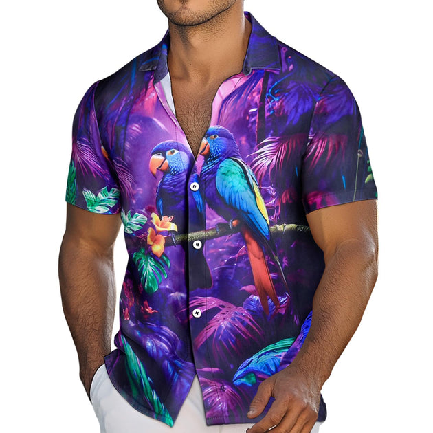 Men Beach Shirts Parrot Hawaiian Button Up Summer Casual Shirts Loose Fit Vacation Tops for Vacation Dating Travel security