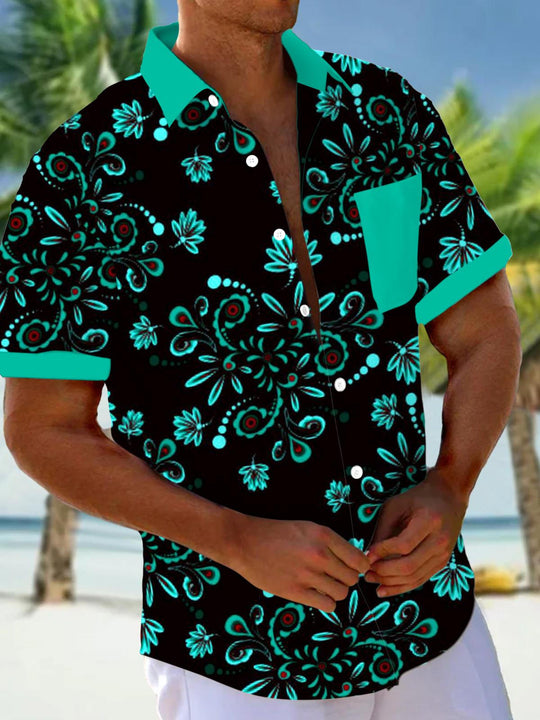 Men's floral pocket short sleeve shirt front view