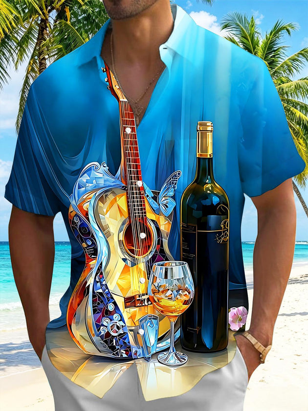 Art Guitar Wine Bottle Goblet Men's Pocket Short Sleeve Shirts