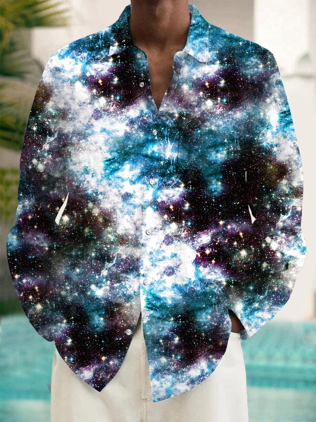 Galaxy Starry Sky Men's Pocket Long Sleeve Shirts