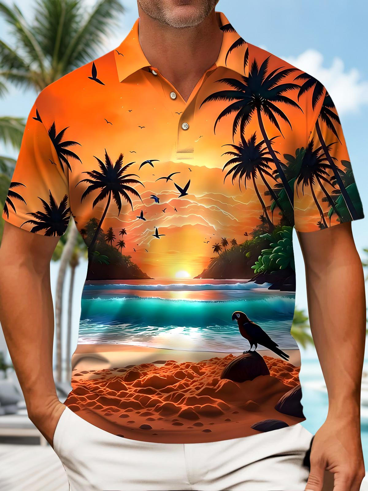 Hawaiian Beach Coconut Tree Men's Short Sleeve Button Polo Shirt