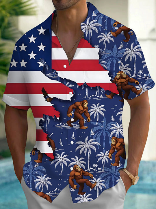 Men's American flag Bigfoot palm tree Hawaiian print short sleeve shirt front view for tropical beach vacation