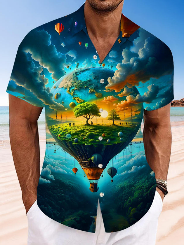 men's Earth Hot Air Balloon Cloud Oasis short sleeve shirt front view