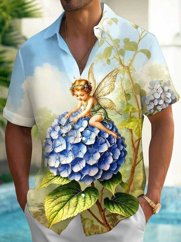 Fairy On Hydrangea Floral Men's Pocket Short Sleeve Shirts