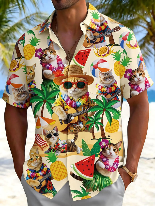 Hawaiian Cat Print Men's Pocket Short Sleeve Shirts