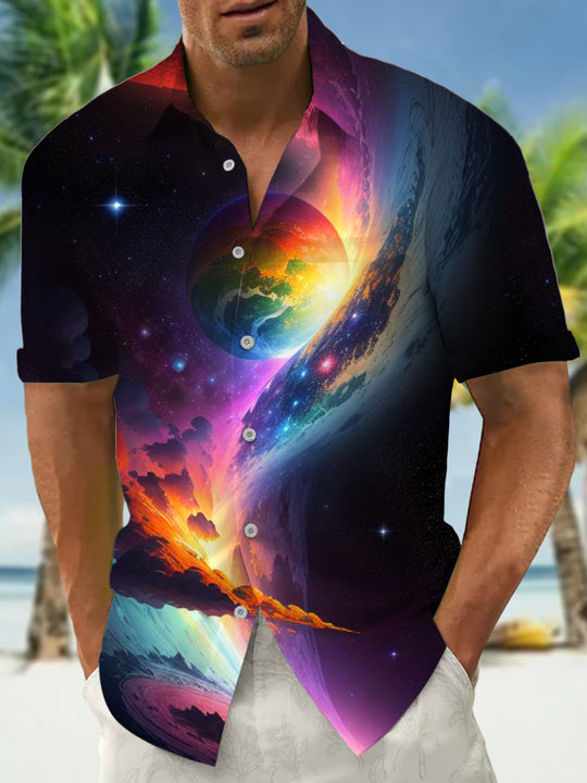 Men's cosmic planet print short sleeve shirt front view