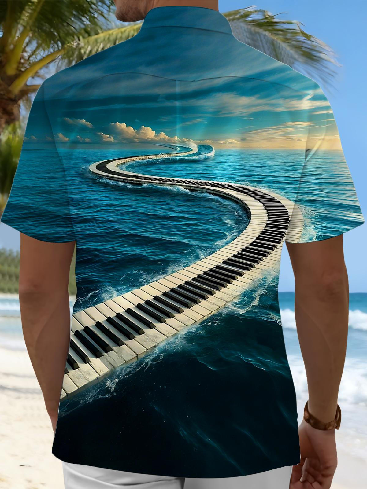 Ocean Piano Print Men's Pocket Short Sleeve Shirts