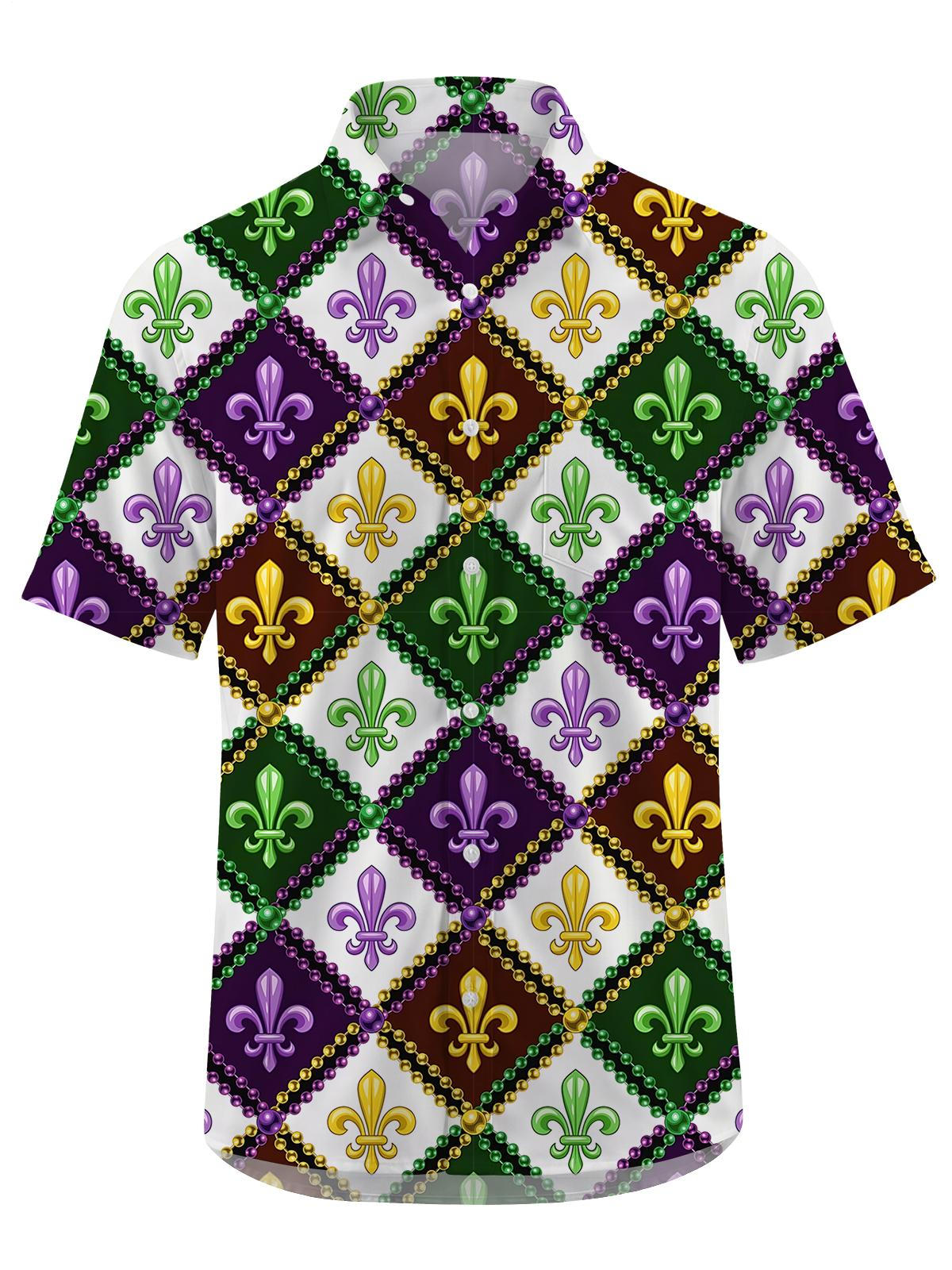 Mardi Gras Print Men's Pocket Short Sleeve Shirts